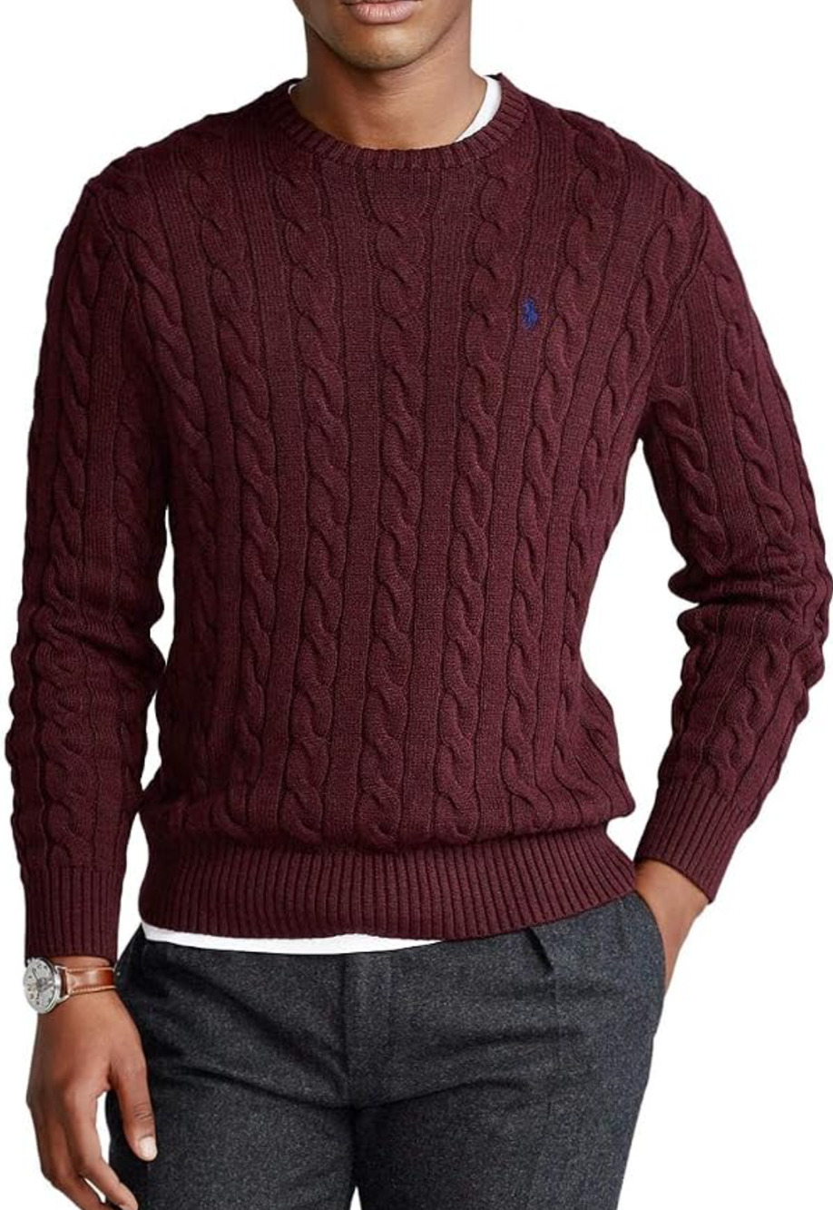NWT Polo Ralph Lauren Mens Sweater 3XL Cable Knit Wine Cotton Crewneck Pullover